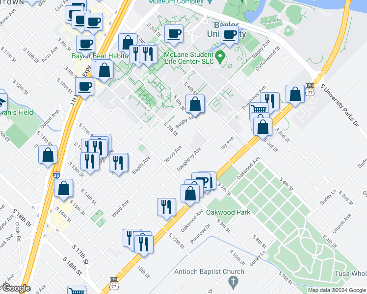 map of restaurants, bars, coffee shops, grocery stores, and more near 1912 South 8th Street in Waco