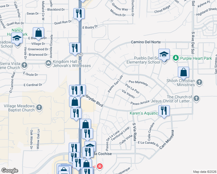map of restaurants, bars, coffee shops, grocery stores, and more near 4396 Plaza Oro Loma in Sierra Vista