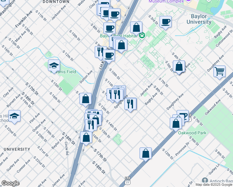 map of restaurants, bars, coffee shops, grocery stores, and more near 1426 South 12th Street in Waco