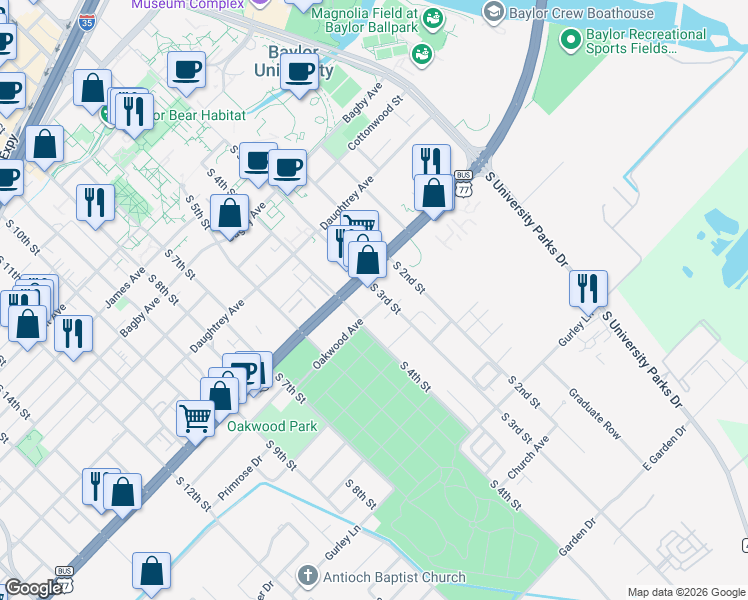 map of restaurants, bars, coffee shops, grocery stores, and more near 316 Oakwood Avenue in Waco