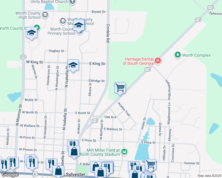map of restaurants, bars, coffee shops, grocery stores, and more near 101 Azalea Trail in Sylvester