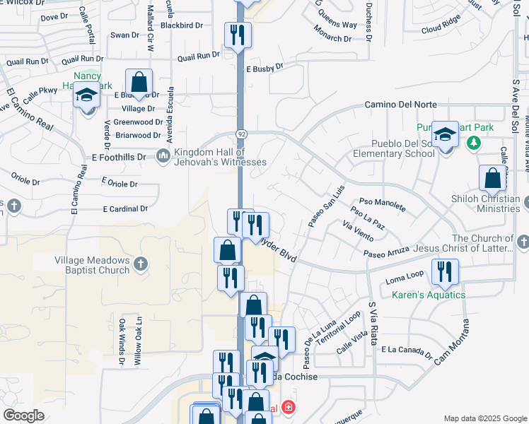 map of restaurants, bars, coffee shops, grocery stores, and more near 4103 Calle Barona in Sierra Vista