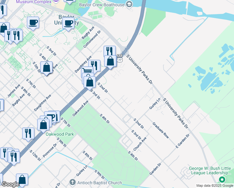 map of restaurants, bars, coffee shops, grocery stores, and more near 2228 S 2nd St in Waco