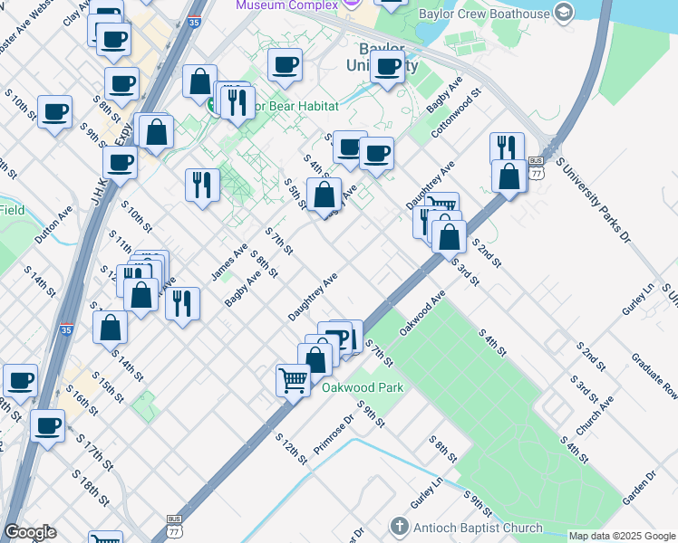 map of restaurants, bars, coffee shops, grocery stores, and more near 1825 South 5th Street in Waco