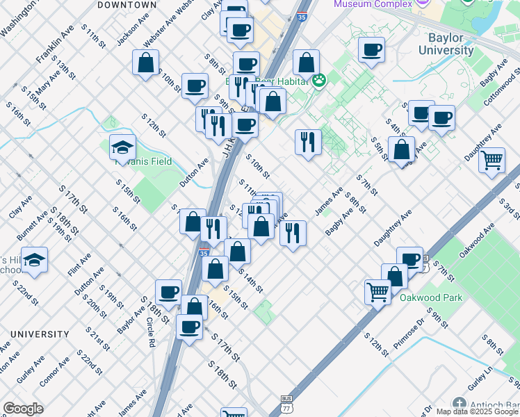 map of restaurants, bars, coffee shops, grocery stores, and more near 1326 South 11th Street in Waco