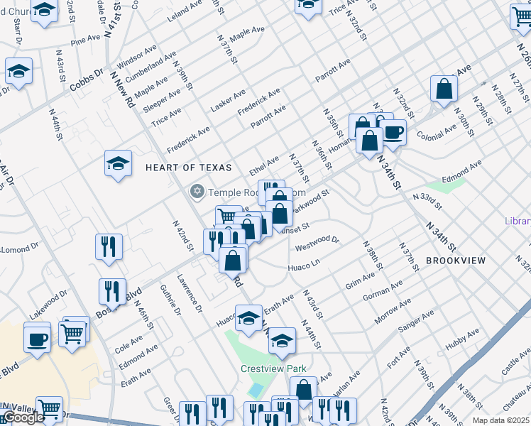 map of restaurants, bars, coffee shops, grocery stores, and more near 1501 North 39th Street in Waco