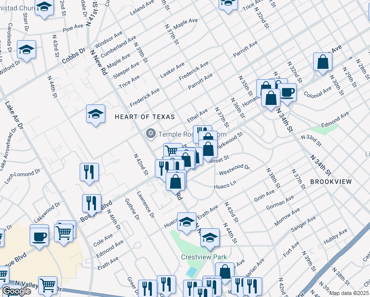 map of restaurants, bars, coffee shops, grocery stores, and more near 3901 Homan Avenue in Waco