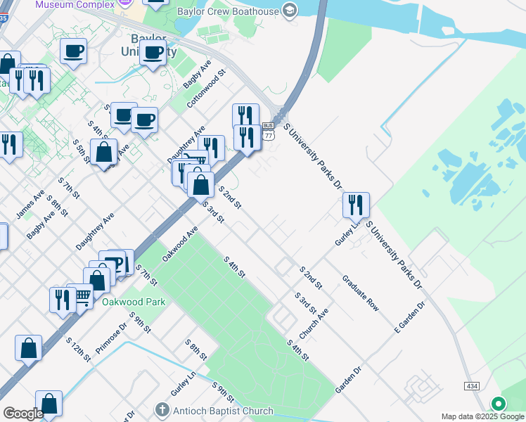 map of restaurants, bars, coffee shops, grocery stores, and more near 2228 S 2nd St in Waco