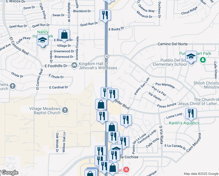 map of restaurants, bars, coffee shops, grocery stores, and more near 1400 Arizona 92 in Sierra Vista