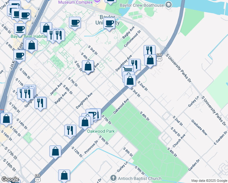 map of restaurants, bars, coffee shops, grocery stores, and more near 405 Ivy Avenue in Waco