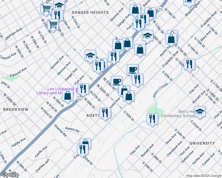 map of restaurants, bars, coffee shops, grocery stores, and more near 221 N 25th St in Waco
