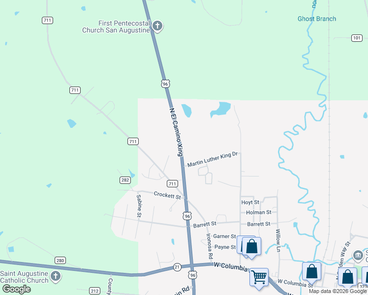 map of restaurants, bars, coffee shops, grocery stores, and more near 960 U.S. 96 in San Augustine