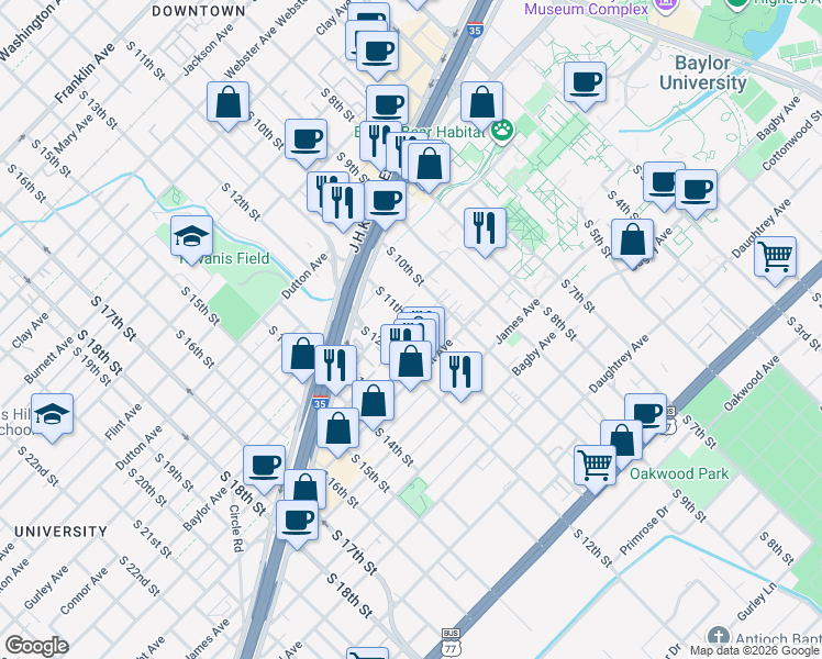 map of restaurants, bars, coffee shops, grocery stores, and more near 1326 South 11th Street in Waco