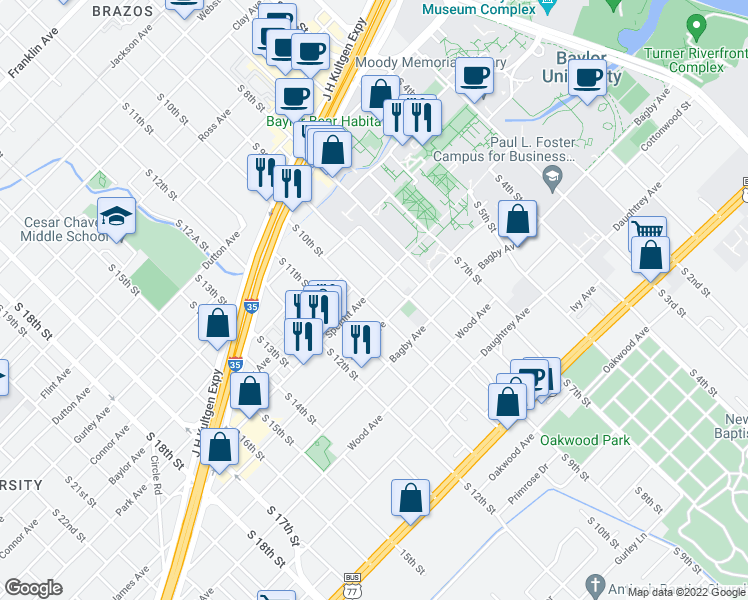 map of restaurants, bars, coffee shops, grocery stores, and more near 920 Speight Avenue in Waco