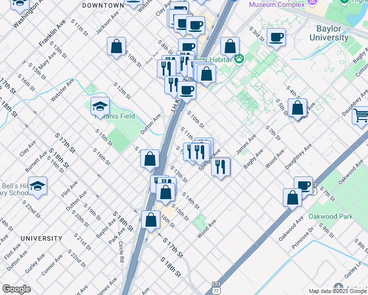 map of restaurants, bars, coffee shops, grocery stores, and more near 1334 South 12th Street in Waco