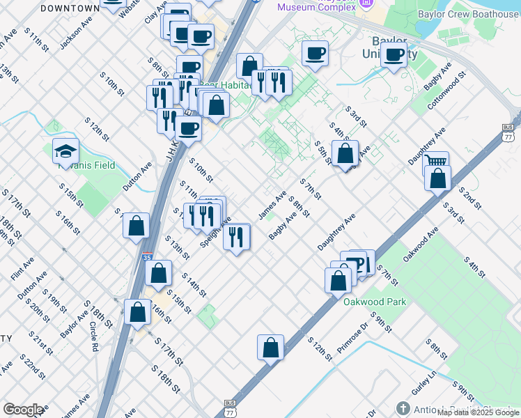 map of restaurants, bars, coffee shops, grocery stores, and more near 902 Speight Avenue in Waco