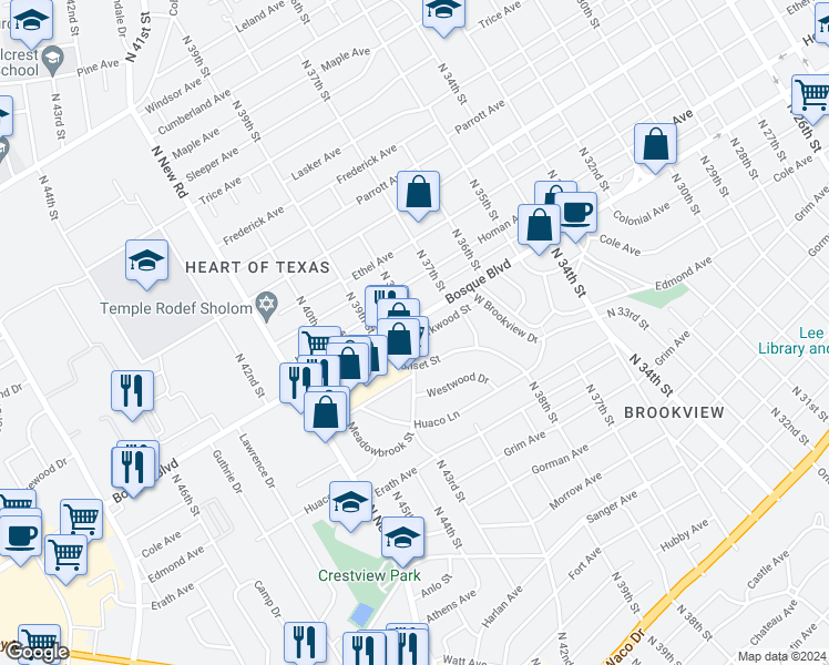 map of restaurants, bars, coffee shops, grocery stores, and more near 3801 Bosque Boulevard in Waco