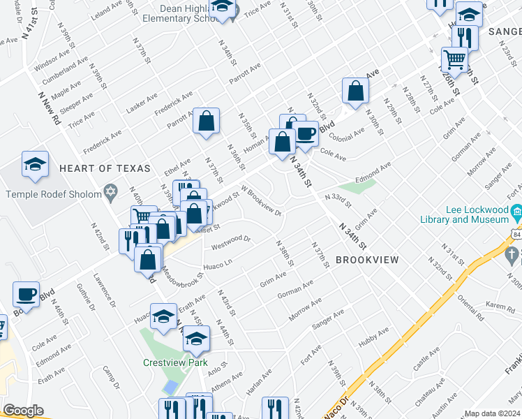map of restaurants, bars, coffee shops, grocery stores, and more near 3520 West Brookview Drive in Waco