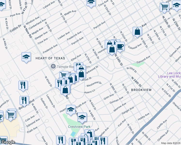 map of restaurants, bars, coffee shops, grocery stores, and more near 3713 Parkwood Street in Waco