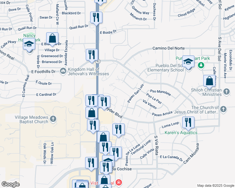 map of restaurants, bars, coffee shops, grocery stores, and more near 4225 Calle Barona in Sierra Vista