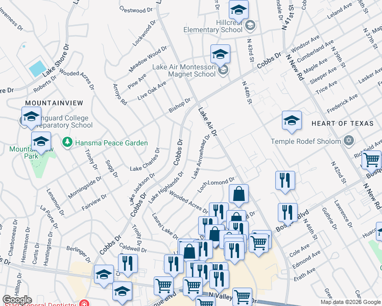 map of restaurants, bars, coffee shops, grocery stores, and more near 5024 Lake Highlands Drive in Waco