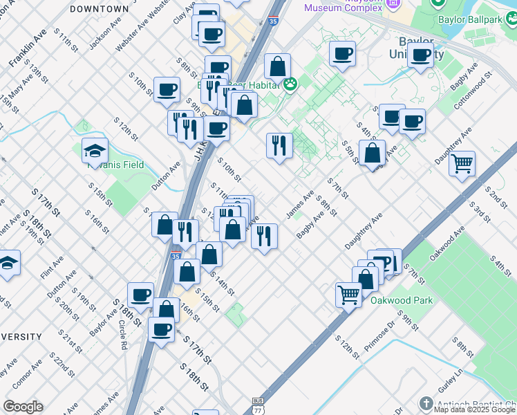 map of restaurants, bars, coffee shops, grocery stores, and more near 1001 Speight Avenue in Waco