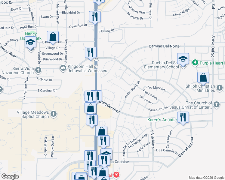 map of restaurants, bars, coffee shops, grocery stores, and more near 4250c Plaza Oro Loma in Sierra Vista