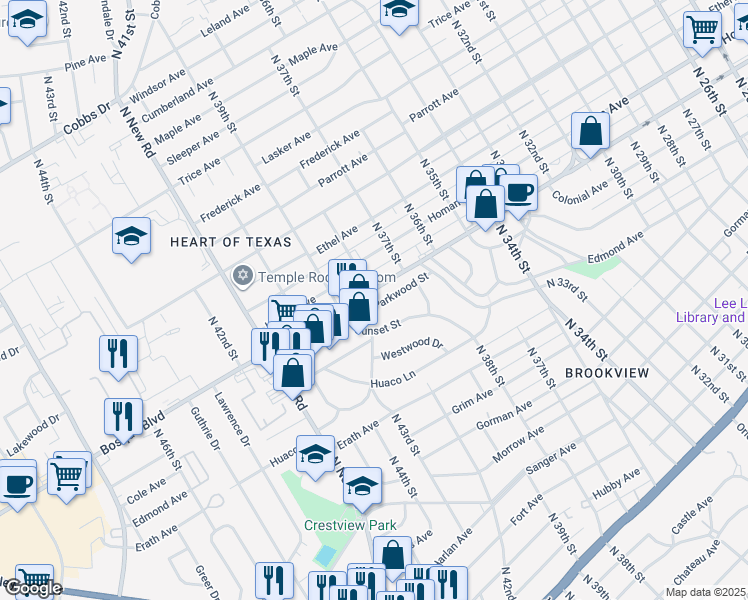 map of restaurants, bars, coffee shops, grocery stores, and more near 3801 Bosque Boulevard in Waco