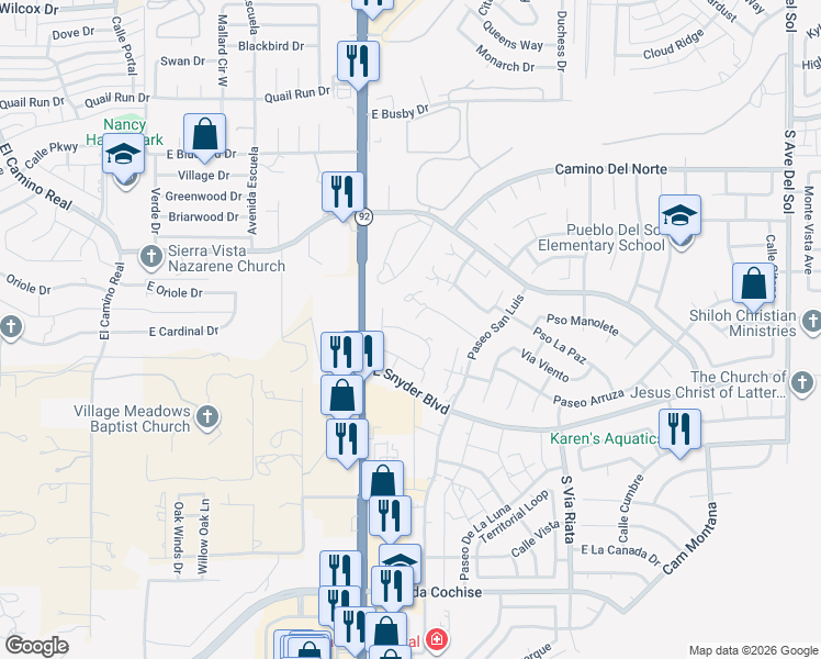 map of restaurants, bars, coffee shops, grocery stores, and more near 4103 Calle Barona in Sierra Vista