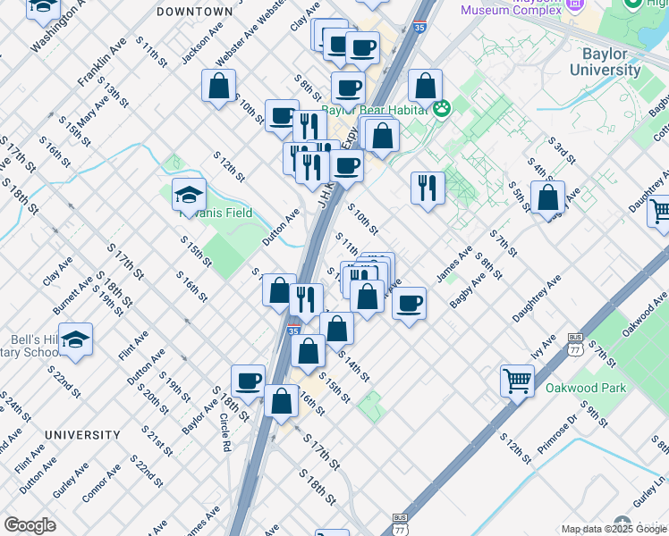 map of restaurants, bars, coffee shops, grocery stores, and more near 1302 South 12th Street in Waco