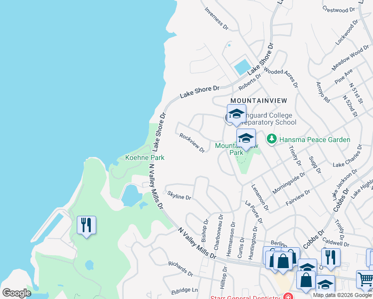 map of restaurants, bars, coffee shops, grocery stores, and more near 2624 Rockview Drive in Waco