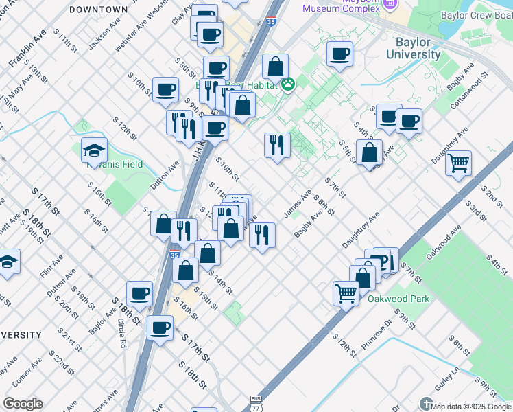 map of restaurants, bars, coffee shops, grocery stores, and more near 1001 Speight Avenue in Waco