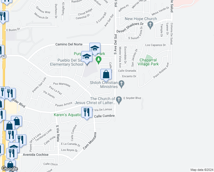 map of restaurants, bars, coffee shops, grocery stores, and more near 1415 Plaza Seca in Sierra Vista