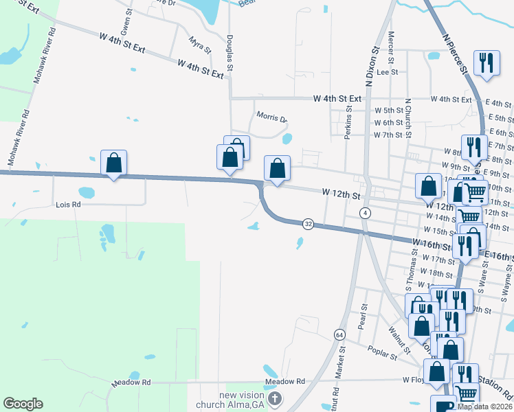 map of restaurants, bars, coffee shops, grocery stores, and more near 103 Mullis Drive in Alma