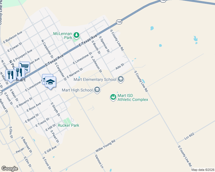 map of restaurants, bars, coffee shops, grocery stores, and more near 300 East Navarro Street in Mart