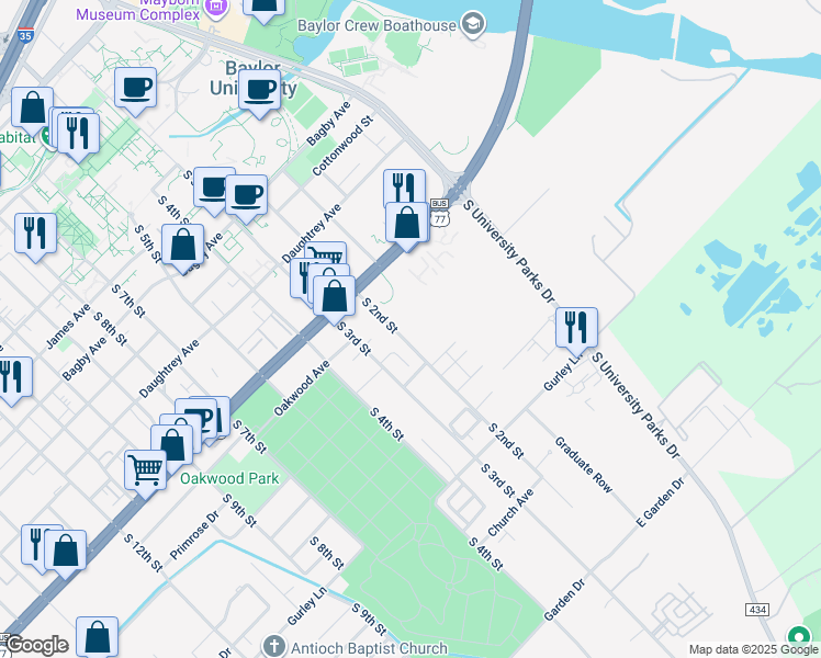 map of restaurants, bars, coffee shops, grocery stores, and more near 2228 South 2nd Street in Waco