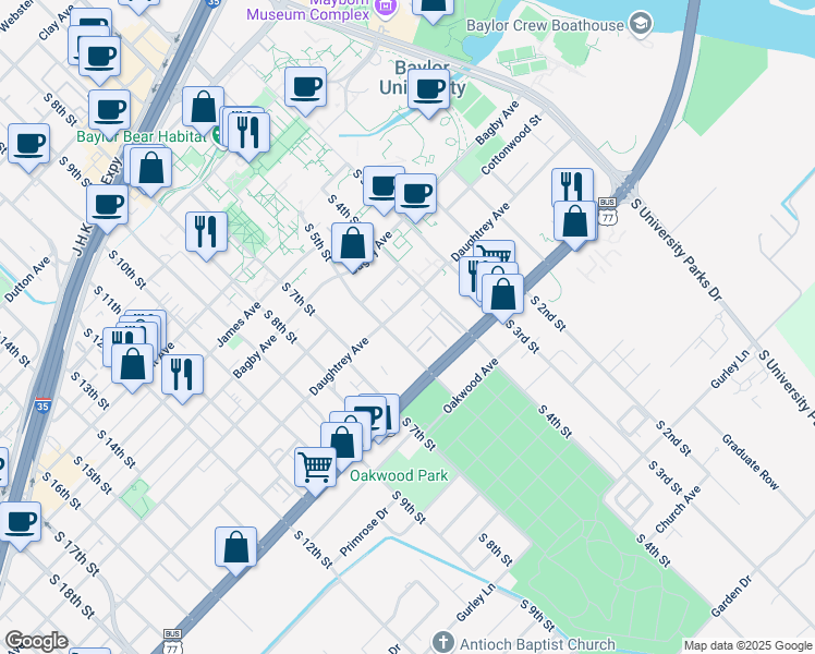 map of restaurants, bars, coffee shops, grocery stores, and more near 431 Daughtrey Avenue in Waco