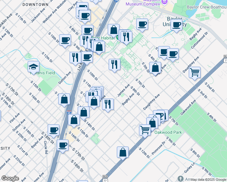 map of restaurants, bars, coffee shops, grocery stores, and more near 902 Speight Avenue in Waco