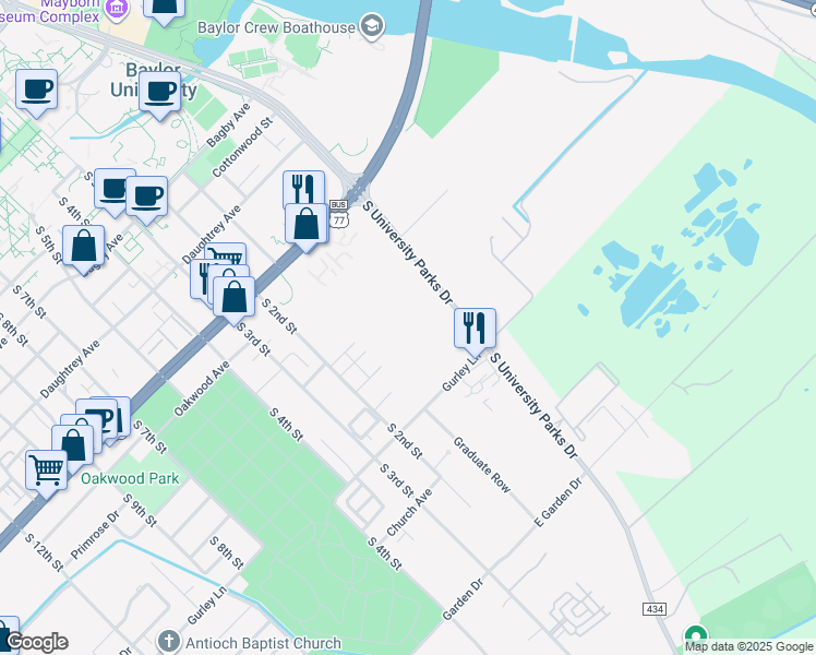 map of restaurants, bars, coffee shops, grocery stores, and more near 2415 South University Parks Drive in Waco