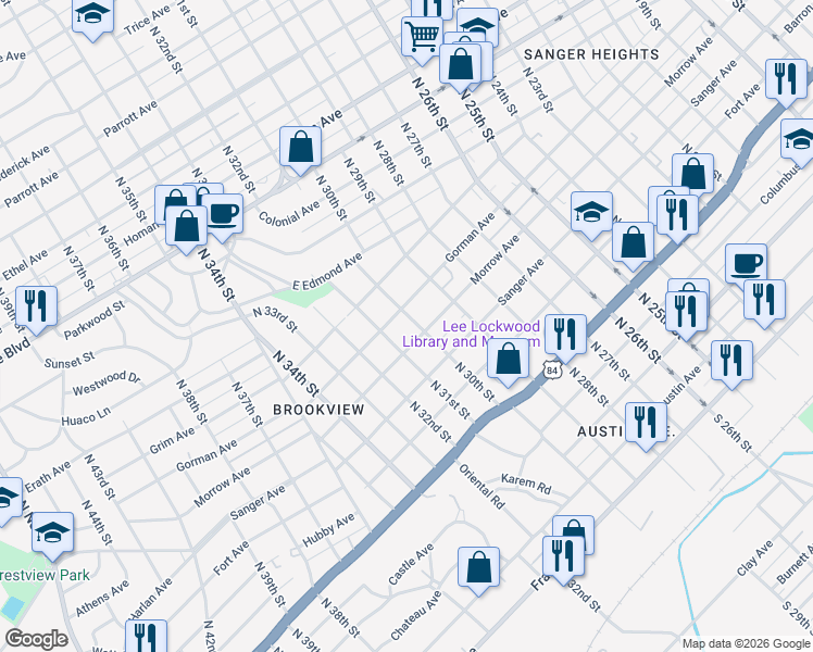 map of restaurants, bars, coffee shops, grocery stores, and more near 824 North 30th Street in Waco