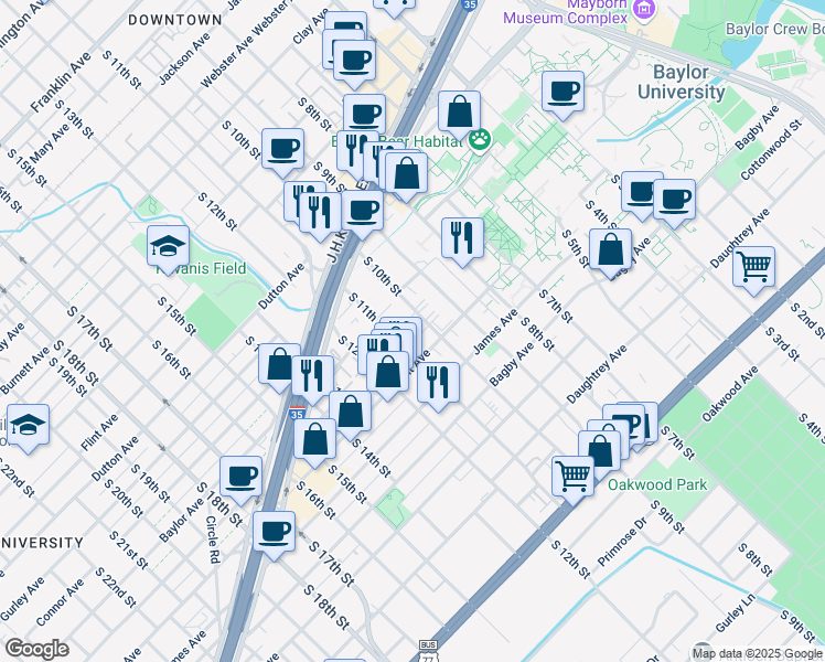 map of restaurants, bars, coffee shops, grocery stores, and more near in Waco