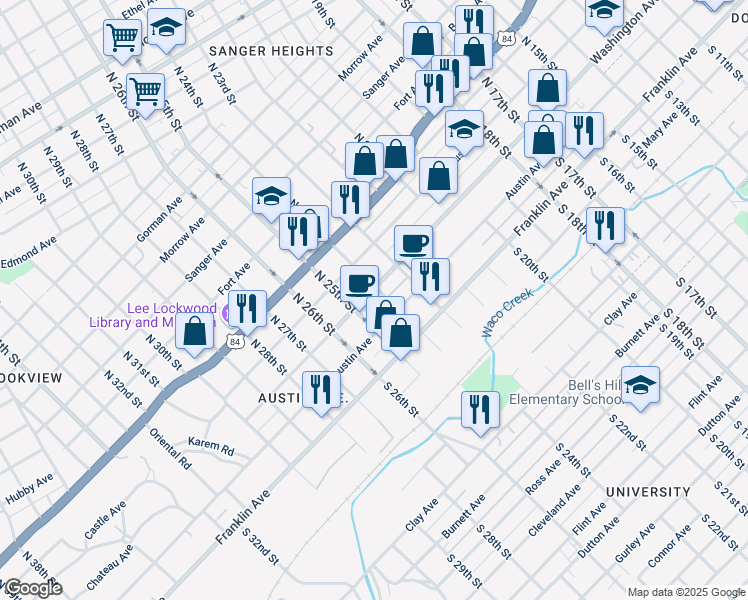 map of restaurants, bars, coffee shops, grocery stores, and more near 2401 Washington Avenue in Waco