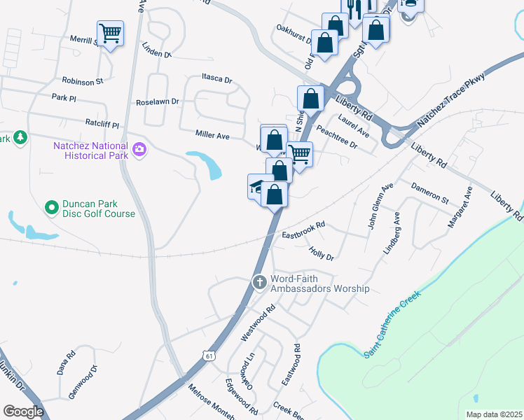 map of restaurants, bars, coffee shops, grocery stores, and more near 170 Sgt Prentiss Drive in Natchez