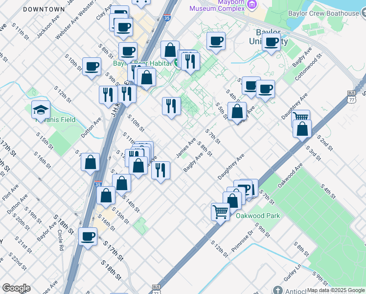 map of restaurants, bars, coffee shops, grocery stores, and more near 1301 South University Parks Drive in Waco