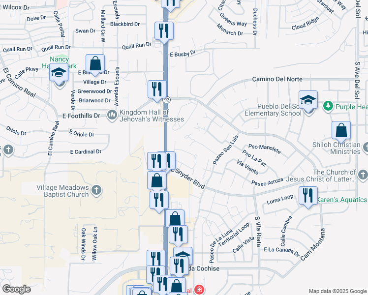 map of restaurants, bars, coffee shops, grocery stores, and more near 4103 Calle Barona in Sierra Vista