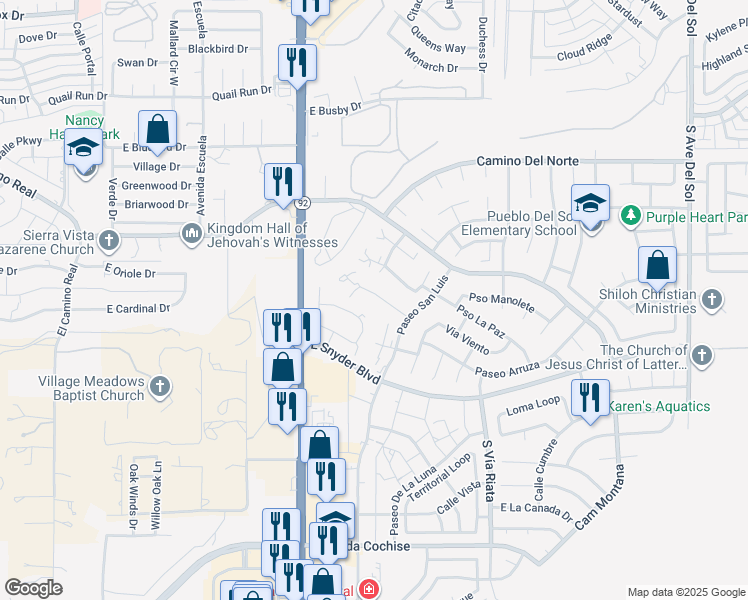 map of restaurants, bars, coffee shops, grocery stores, and more near 4250 Plaza Oro Loma in Sierra Vista