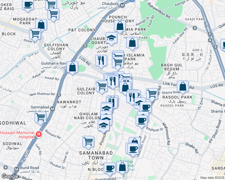 map of restaurants, bars, coffee shops, grocery stores, and more near Samanabad Main Boulevard in Lahore