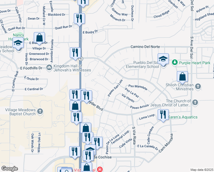map of restaurants, bars, coffee shops, grocery stores, and more near 4353 Plaza Oro Loma in Sierra Vista