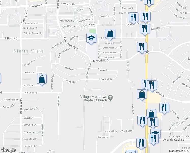 map of restaurants, bars, coffee shops, grocery stores, and more near 2933 Cardinal Drive in Sierra Vista