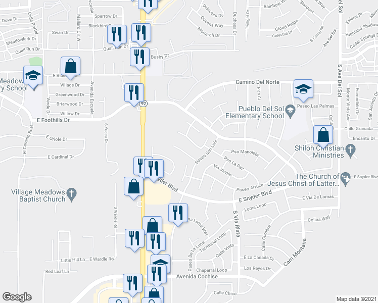 map of restaurants, bars, coffee shops, grocery stores, and more near 4351 Plaza Oro Loma in Sierra Vista